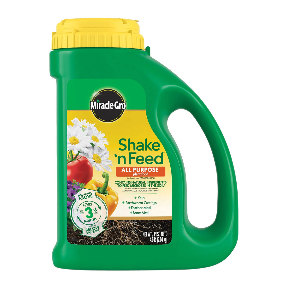Miracle-Gro Shake 'N Feed bottle pouring to start feeding plants