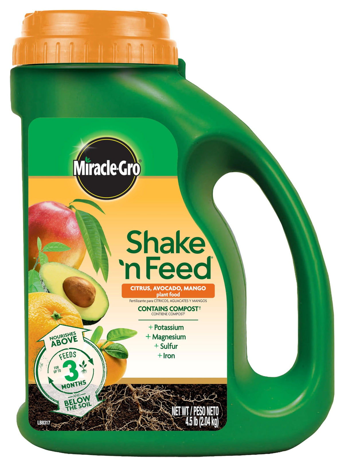Miracle-Gro Shake 'N Feed Citrus bag close-up showing granular formula for slow release feeding.