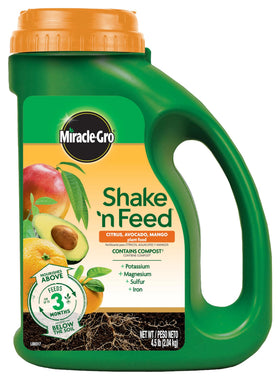 Miracle-Gro Shake 'N Feed Citrus bag close-up showing granular formula for slow release feeding.