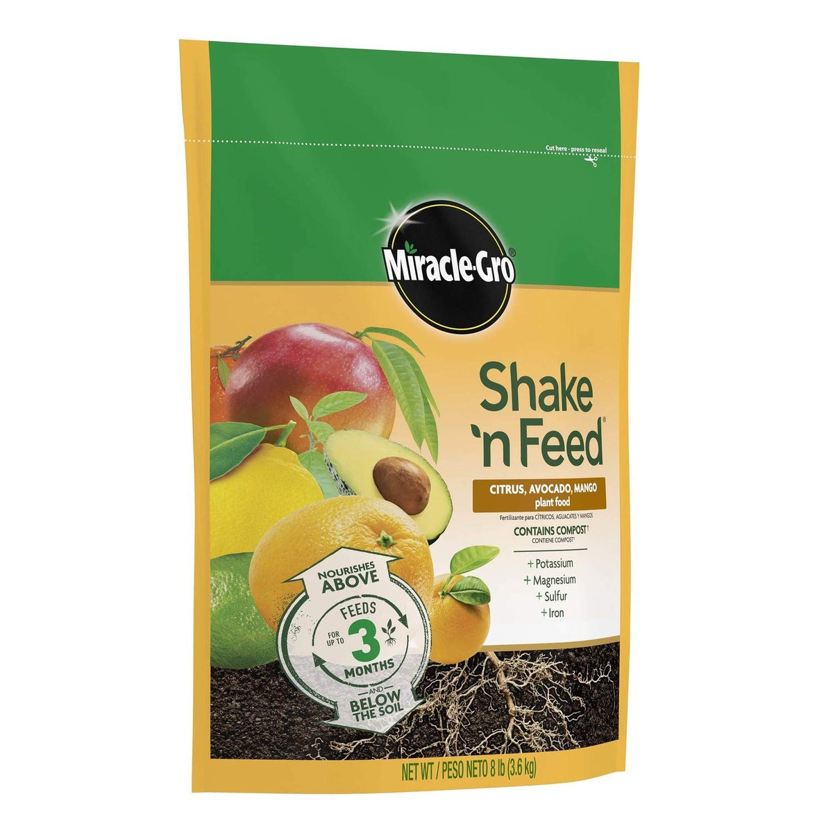 Miracle-Gro Shake 'n Feed container application on avocado tree promotes healthy roots.