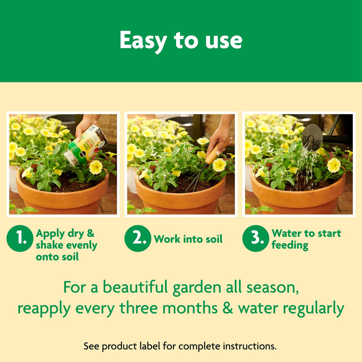 Miracle-Gro Shake 'N Feed covers up to 30 sq ft per container.