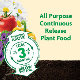Miracle-Gro Shake 'N Feed is sprinkled on soil, fueling microbes for longer feeding.