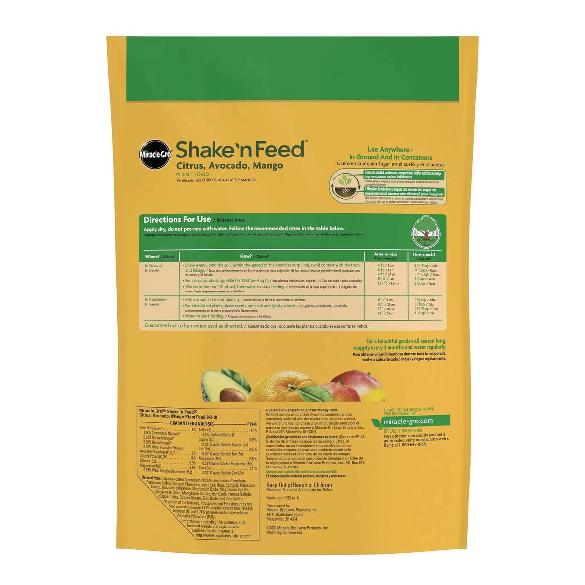Miracle-Gro Shake 'n Feed ground application on a citrus tree for steady growth.