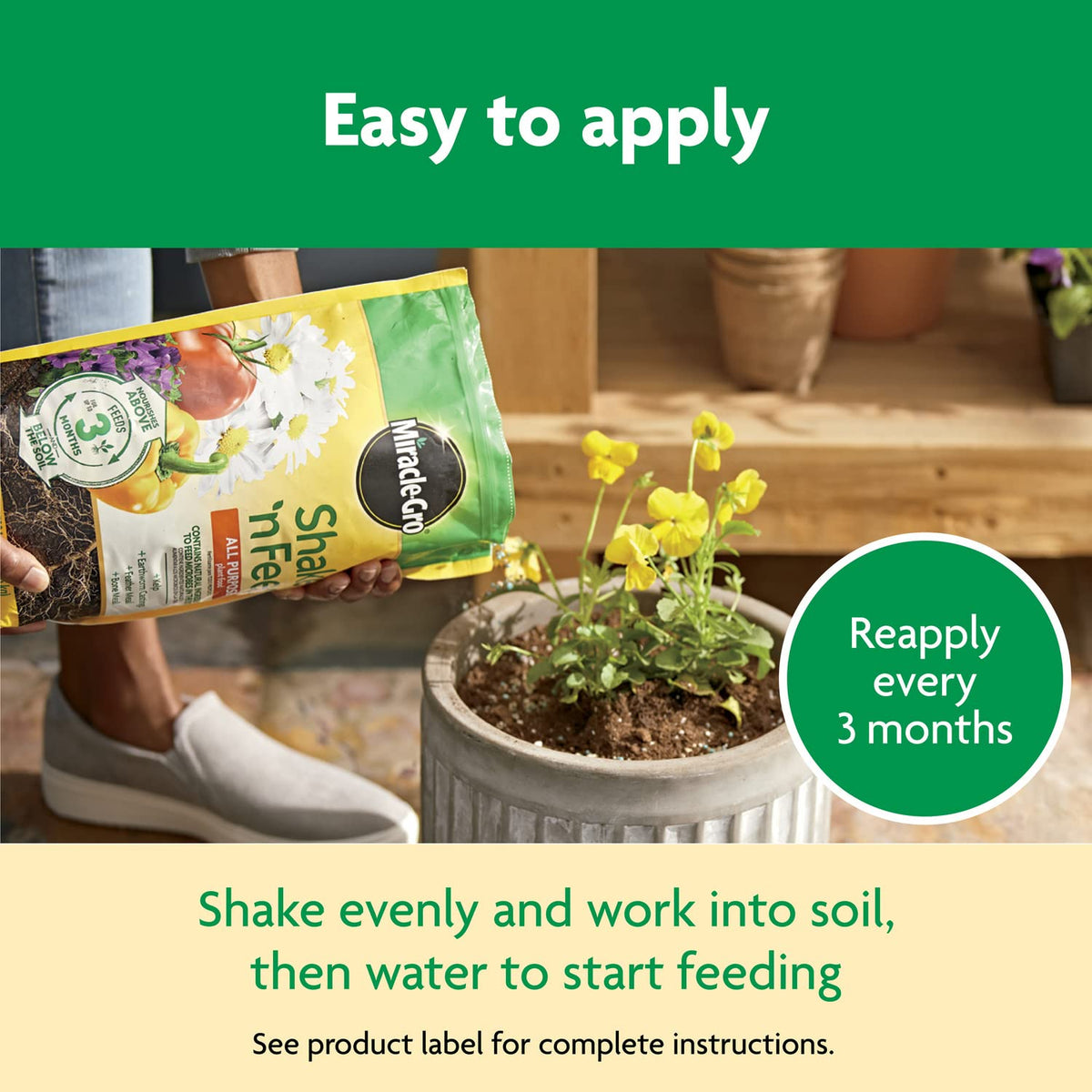 Miracle-Gro Shake 'N Feed uses natural ingredients for microbial nutrient release.