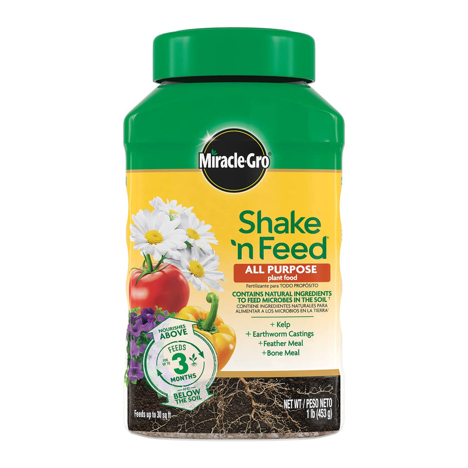 Miracle-Gro Shake 'N Feed for outdoor in-ground soil coverage supports steady growth.