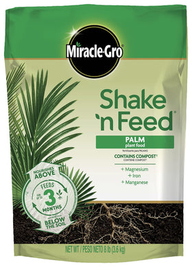 Miracle-Gro Shake 'N Feed palm fertilizer bag image, ready-to-use nutrients