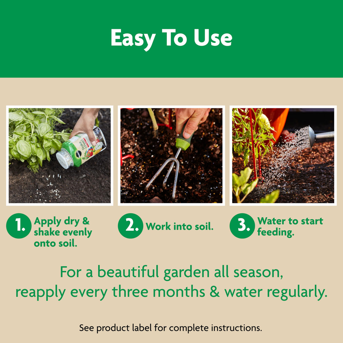 Topsoil 1–3 inches lightly worked in for in-ground use.
