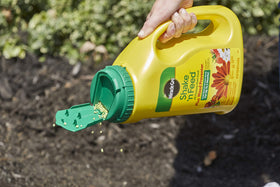 Miracle-Gro Shake 'N Feed used around vegetables, bulbs, and flowers in beds.