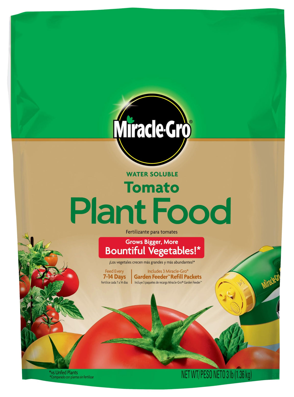 Miracle-Gro Tomato Food pouring into a watering can for quick feeding.