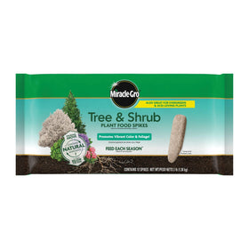 Miracle-Gro Tree & Shrub Spikes packaging ready for use and seasonal feeding