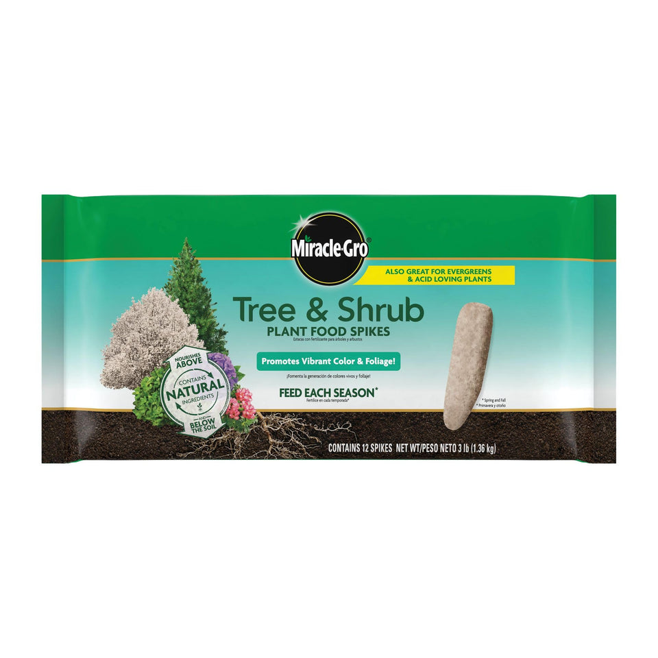 Miracle-Gro Tree & Shrub Spikes packaging ready for use and seasonal feeding