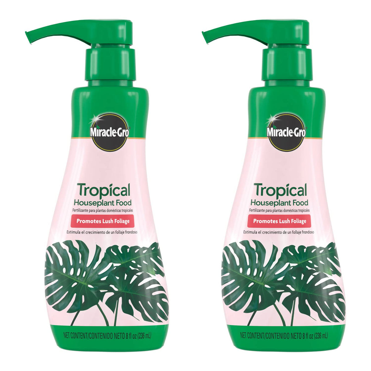 Miracle-Gro Tropical Houseplant Food bottle pour showing easy dosing for lush foliage