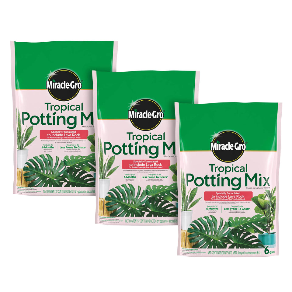 Miracle-Gro Tropical Potting Mix with lava rock enhances drainage for container plants.