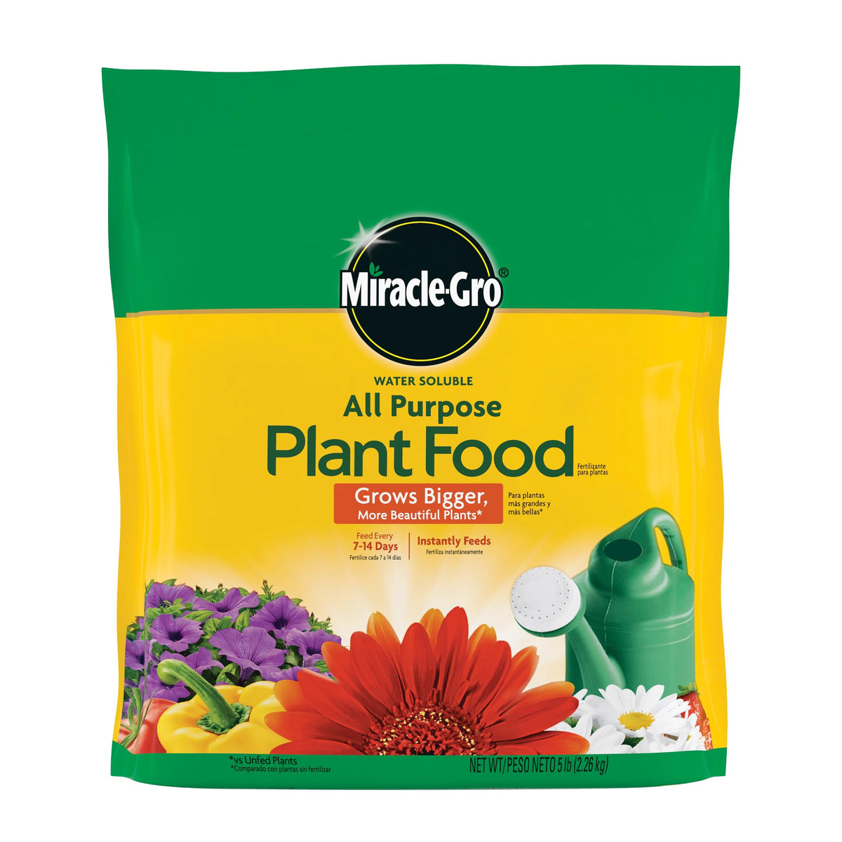 Miracle-Gro Water Soluble All Purpose Plant Food bag front for versatile indoor and outdoor feeding.