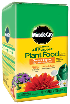 Miracle-Gro Water Soluble All Purpose Plant Food bottle pour speeds feeding for healthy plants.