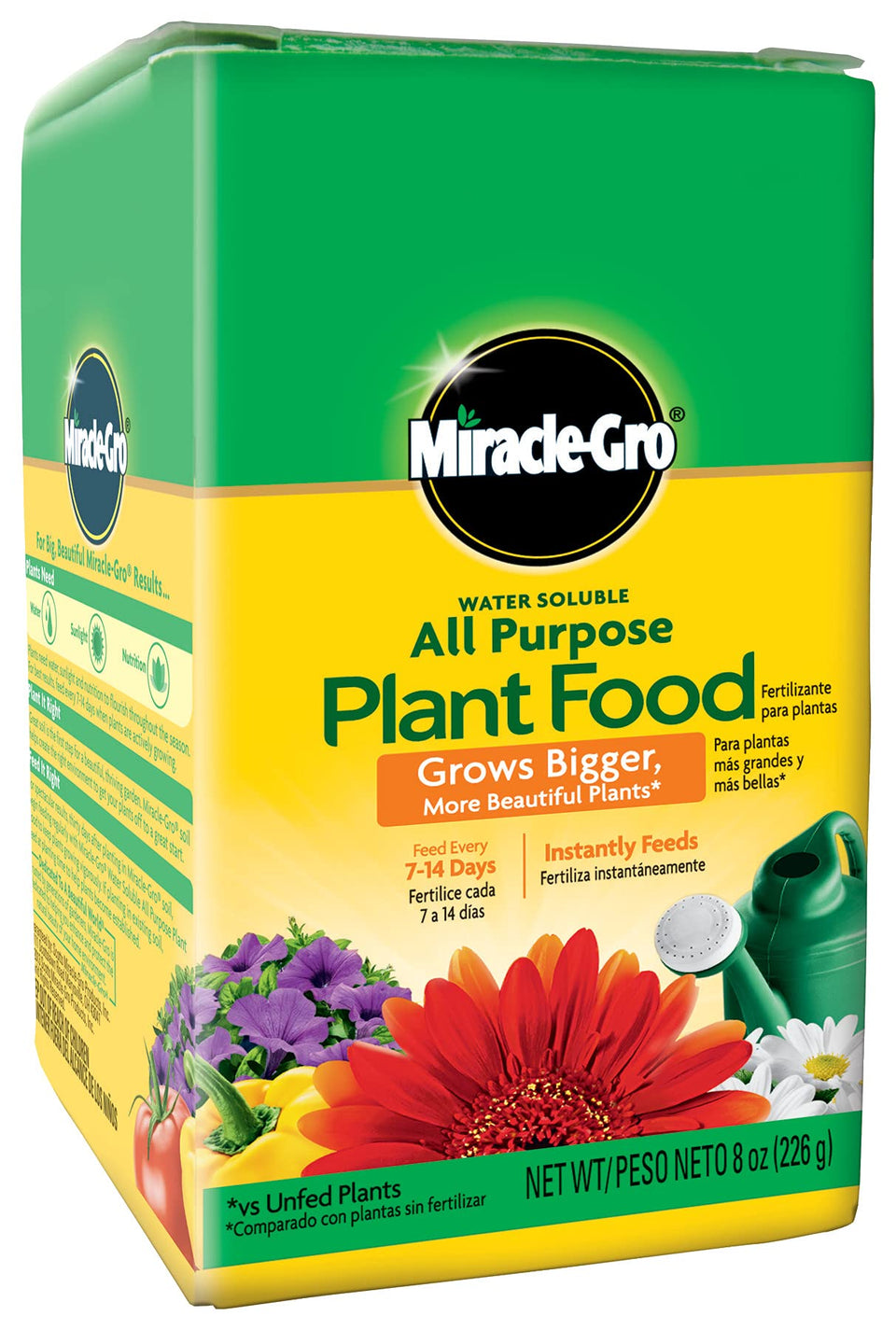 Miracle-Gro Water Soluble All Purpose Plant Food bottle pour speeds feeding for healthy plants.