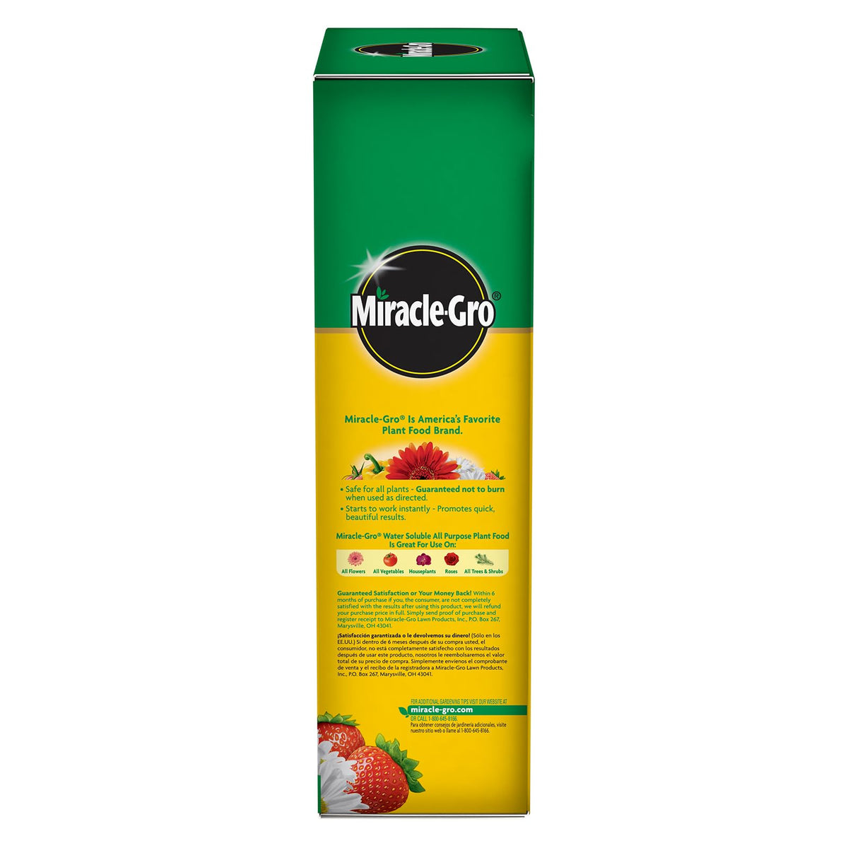 Application covers up to 5,000 sq ft, showing wide garden feeding with Miracle-Gro.