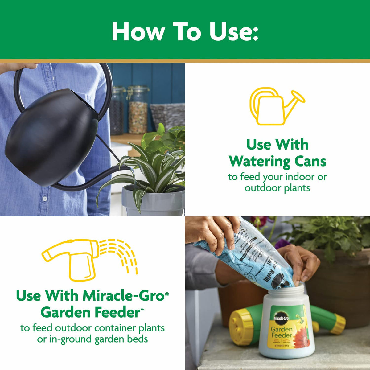Indoor plants receive Miracle-Gro nourishment for thriving foliage.
