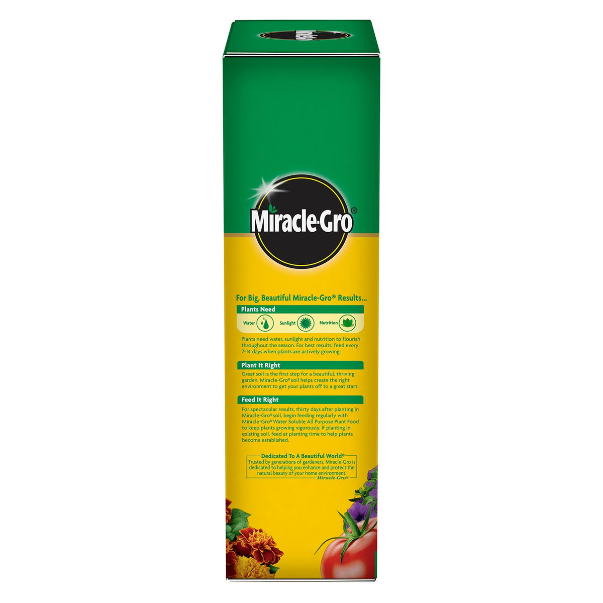 Outdoor garden plants being fed with Miracle-Gro to encourage healthy growth.