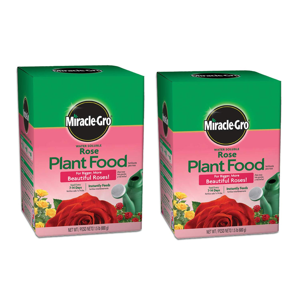 Miracle-Gro water-soluble rose food box with clear 1.5 lb packaging for easy feeding