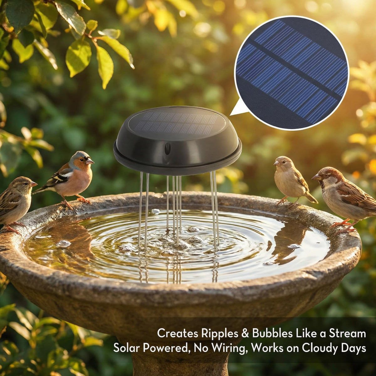 Miriam Song solar panel powers a quiet fountain all day
