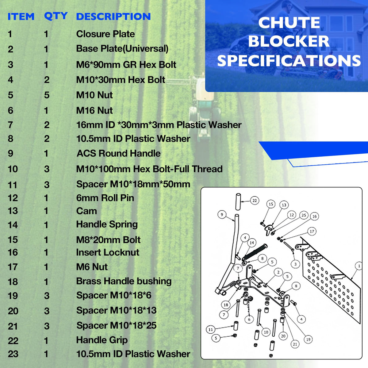 Misakomo chute blocker uses durable construction for long-lasting mower protection.