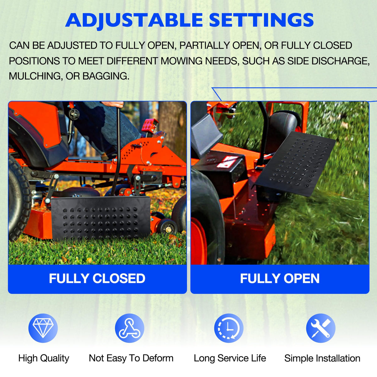 Misakomo chute blocker enhances mulching by blocking discharge for cleaner clippings.