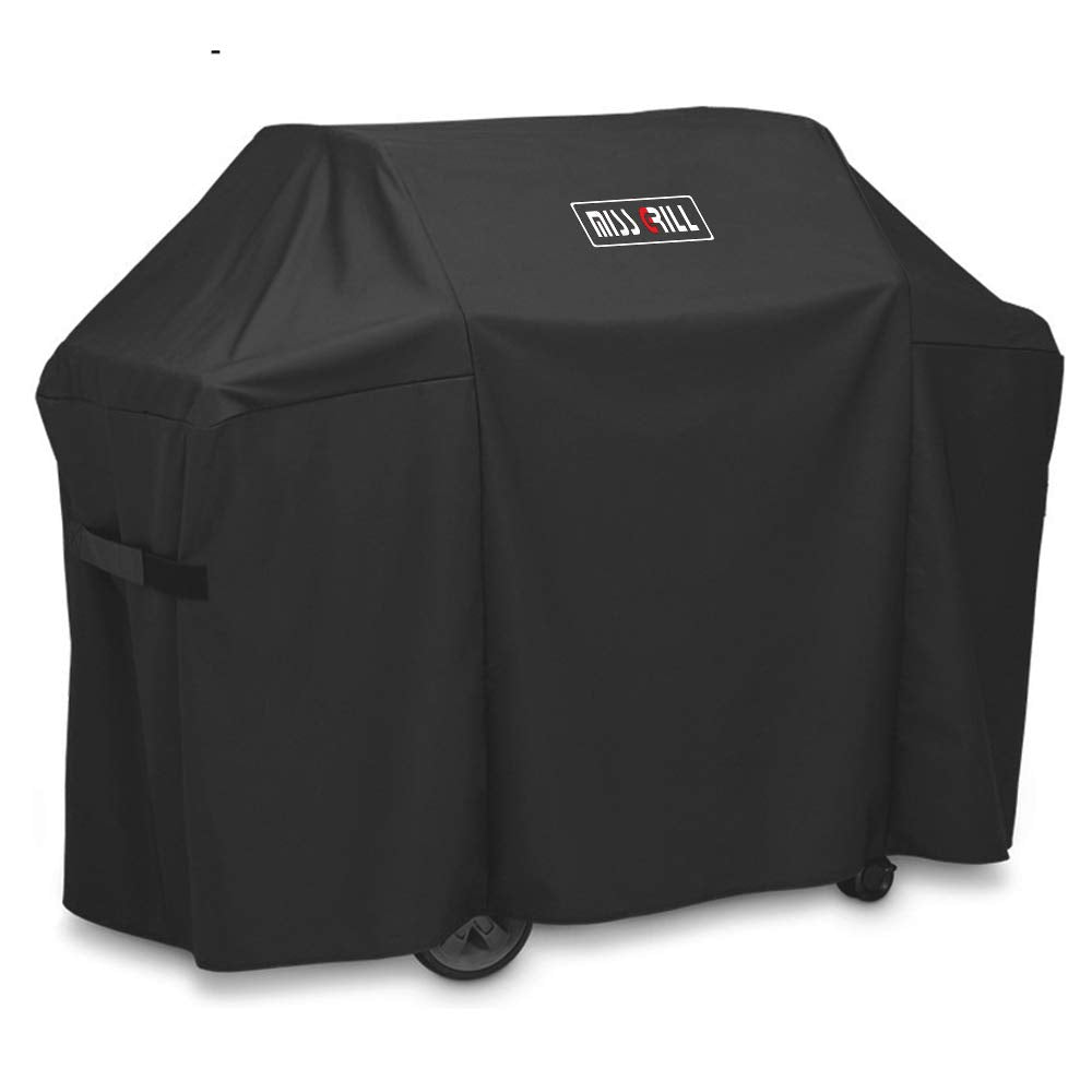 MissGrill 7130 cover on Weber Genesis II 3-burner protects against rain and dust