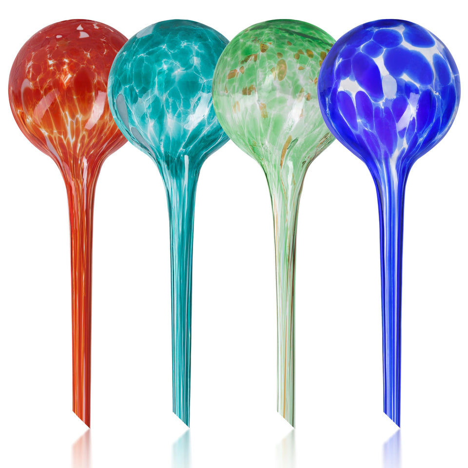Mission Gallery large glass watering globes set of four, ideal for indoor and outdoor plant moisture management.