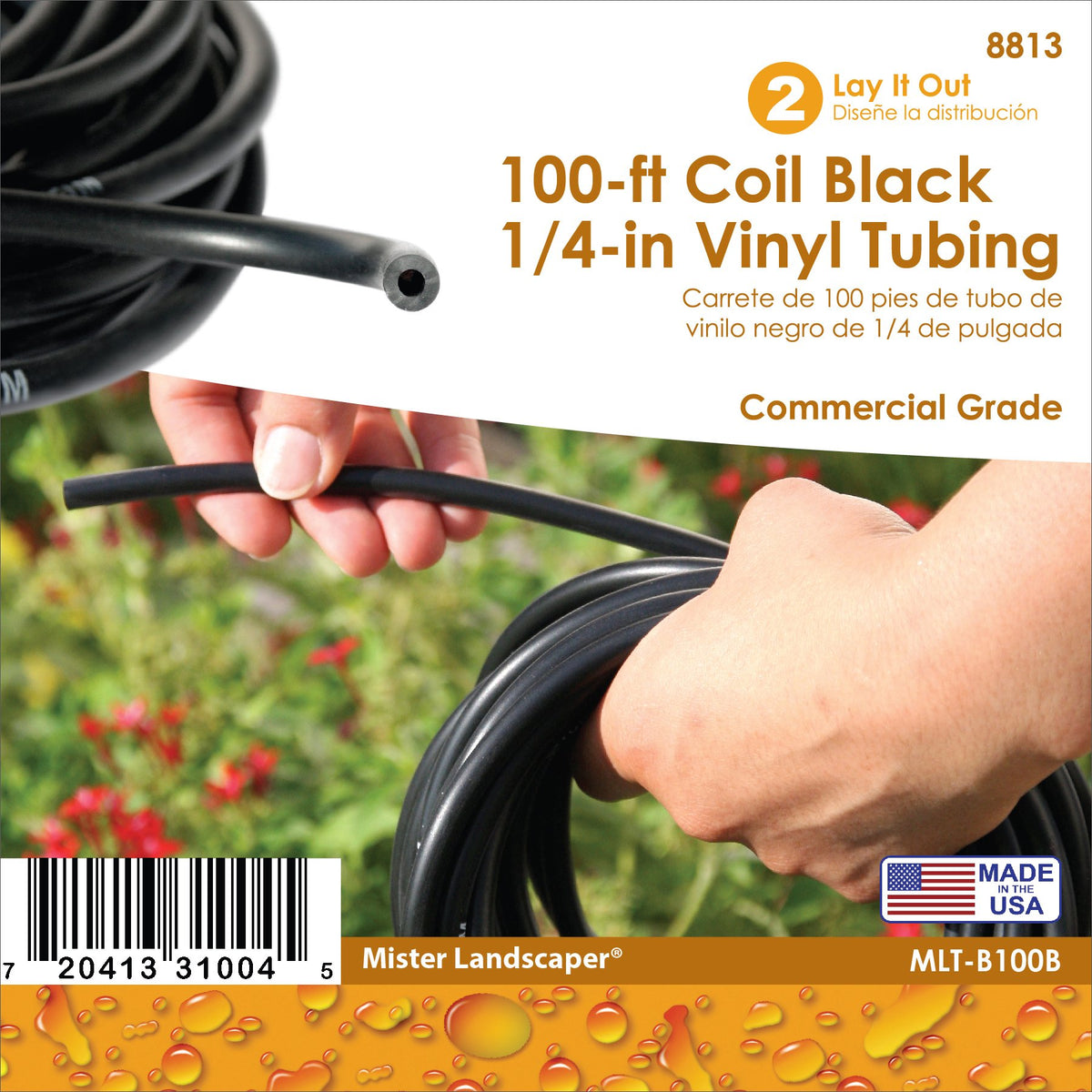 Mister Landscaper tubing in garden setup shows year-round outdoor use for drip systems.