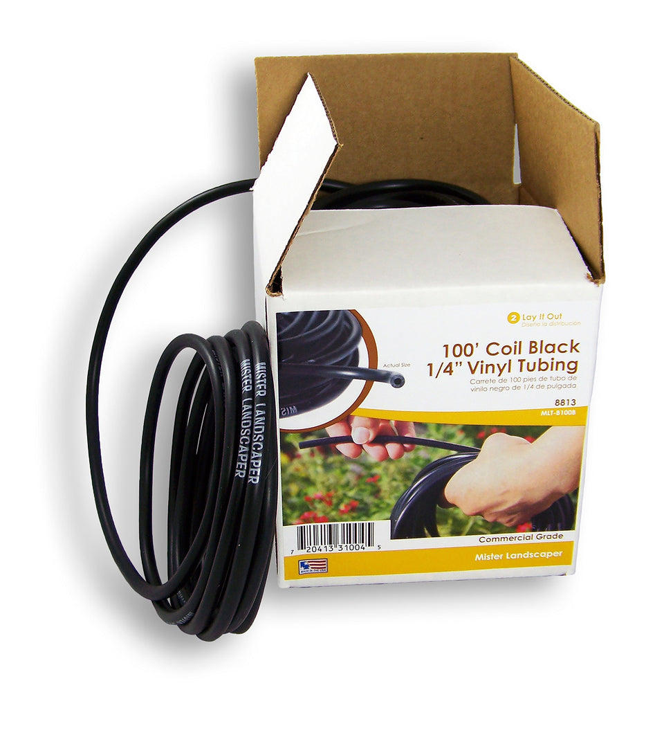 Mister Landscaper 100 ft tubing product shot showing durable, flexible 1/4-in vinyl for irrigation.