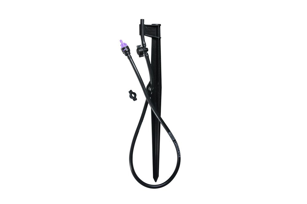 Mister Landscaper black landscape stake assembly with on/off valve for precise irrigation control.