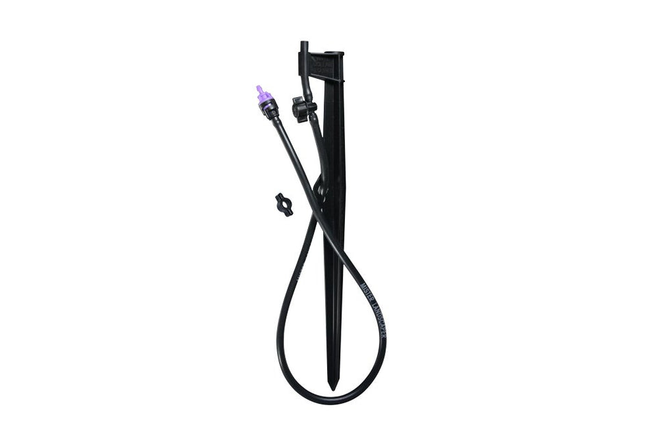 Mister Landscaper black landscape stake assembly with on/off valve for precise irrigation control.