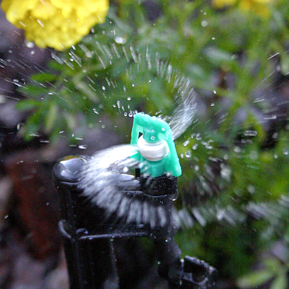 Mister Landscaper MLM-15 360-degree spray provides full-circle irrigation around beds.
