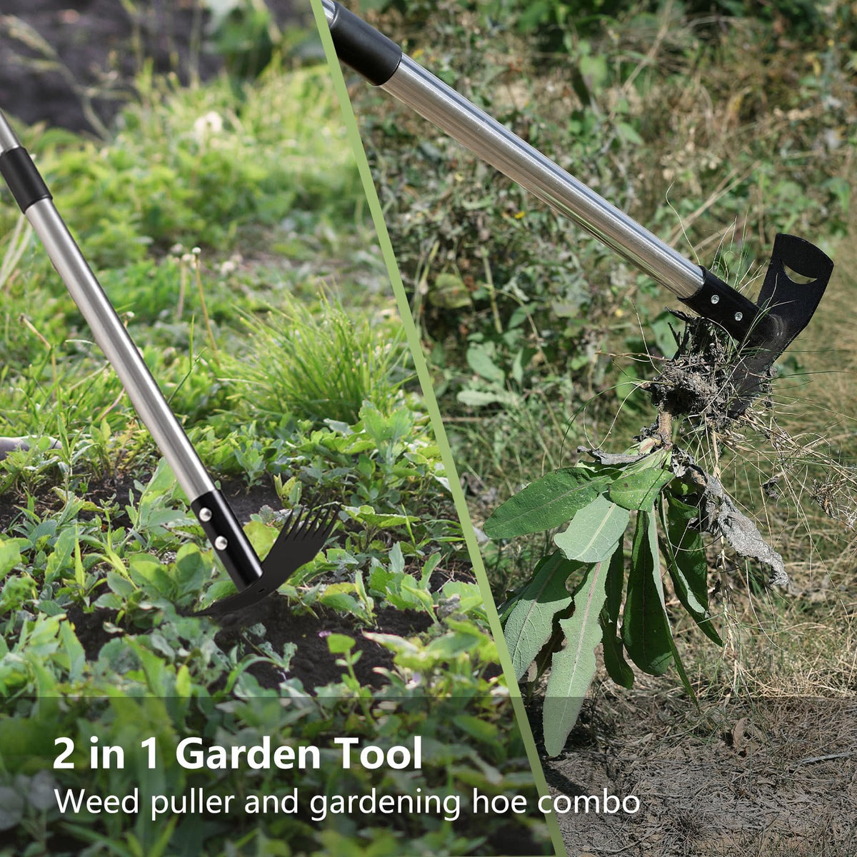 Mitclear 2-in-1 weeder and rake for efficient weed removal and soil loosening.