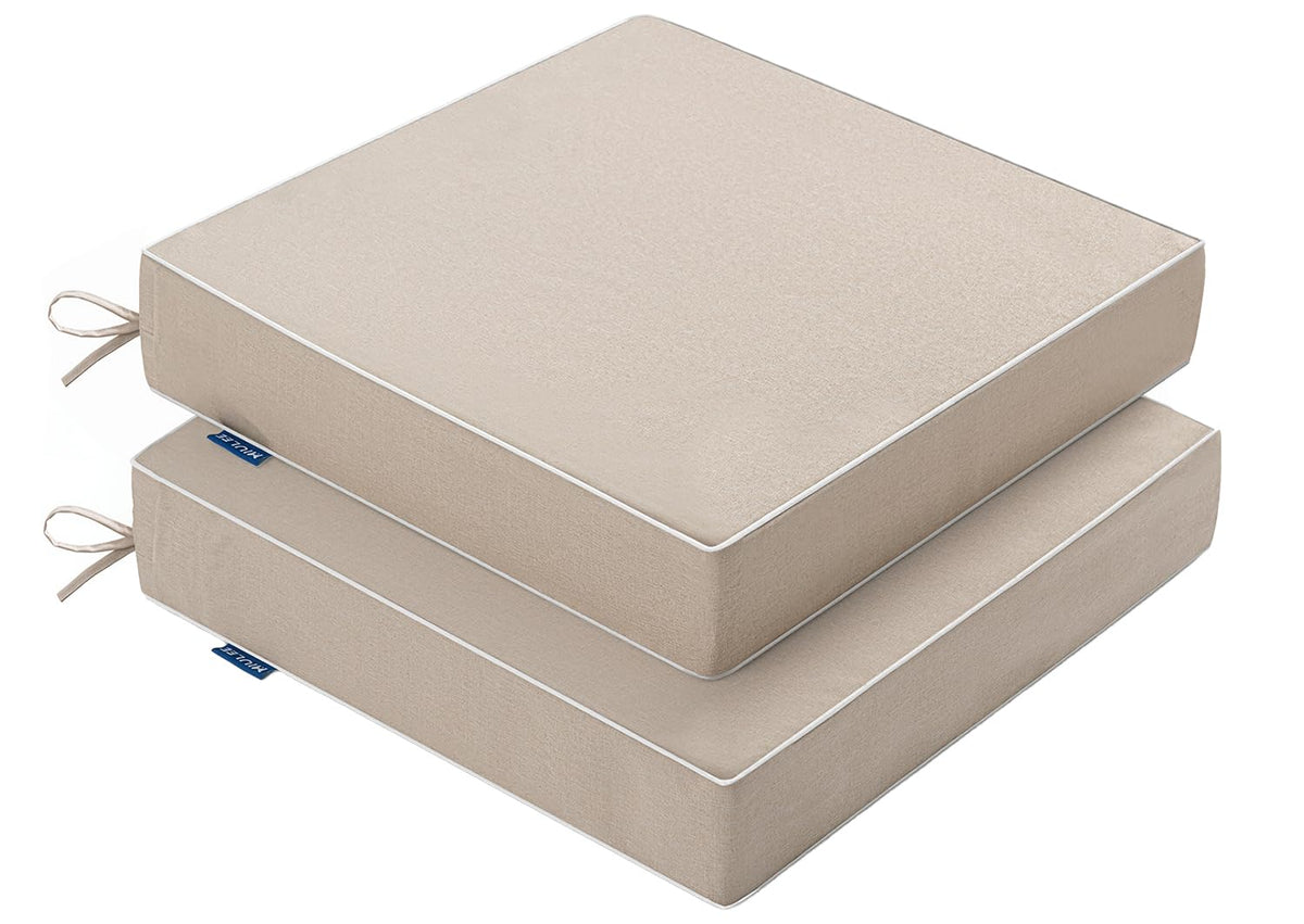 MIULEE beige outdoor chair cushion 19x19 with crisp white piping and secure ties for stable seating.