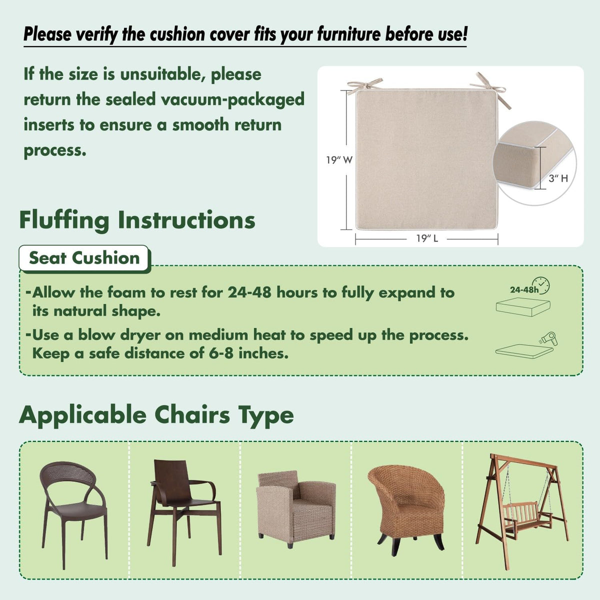 MIULEE beige outdoor chair cushion 19x19 with adjustable ties for secure placement.