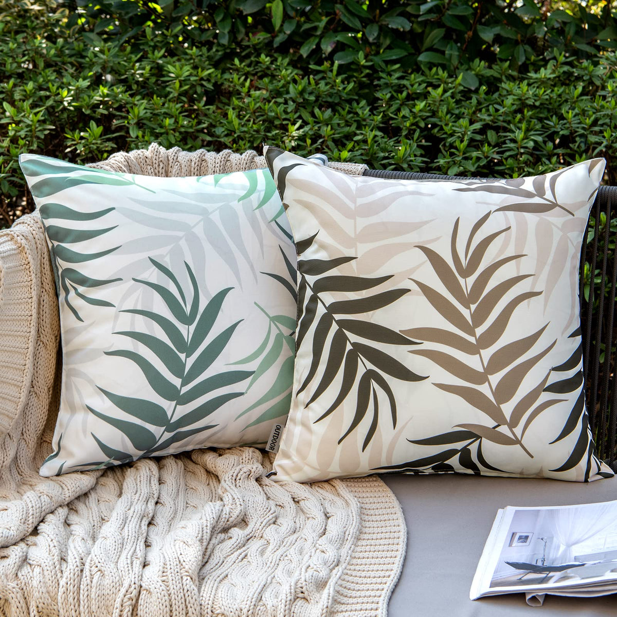 MIULEE 18x18 inch cover in coffee brown blends with outdoor furniture and natural tones