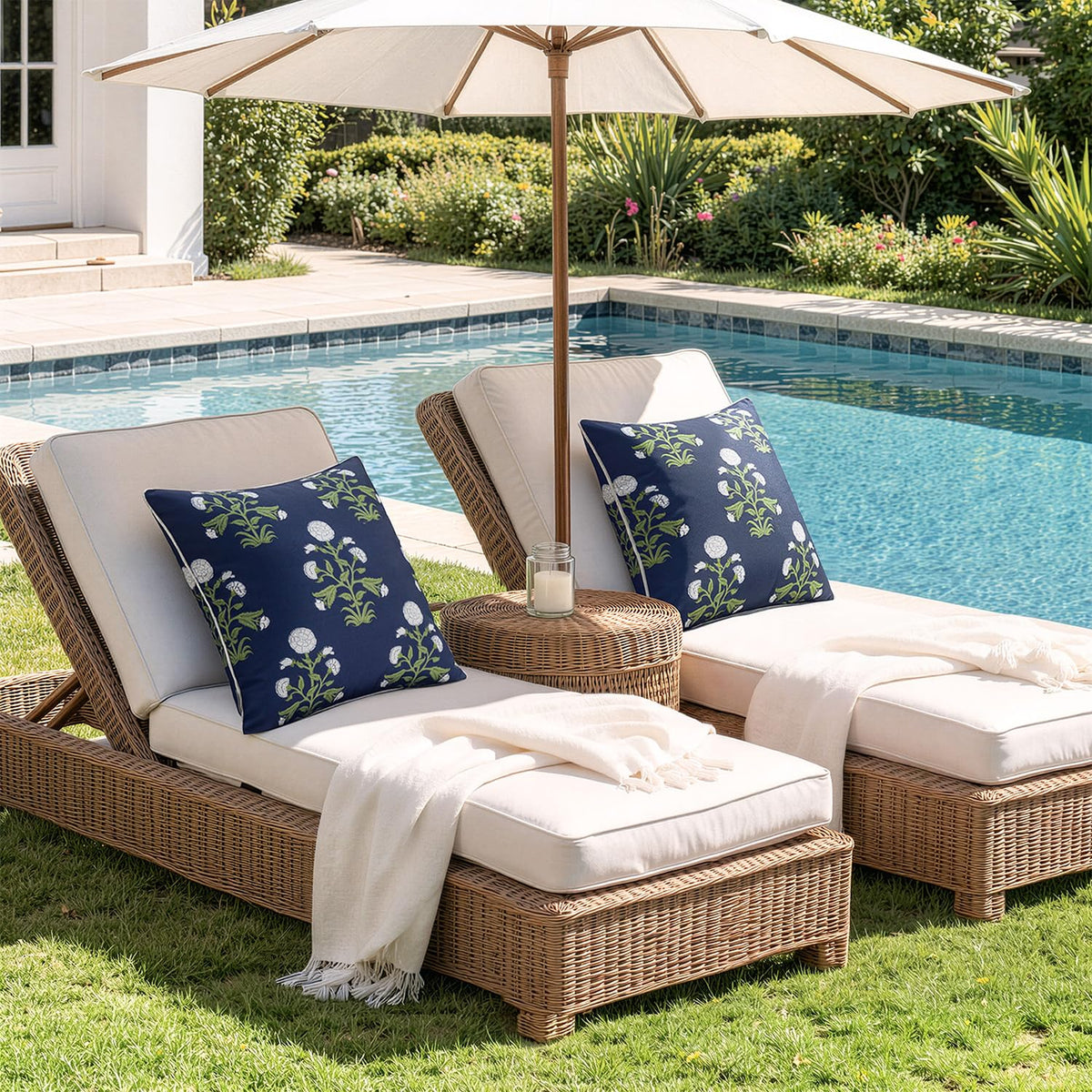 MIULEE navy blue floral design coordinates with many outdoor decor styles.