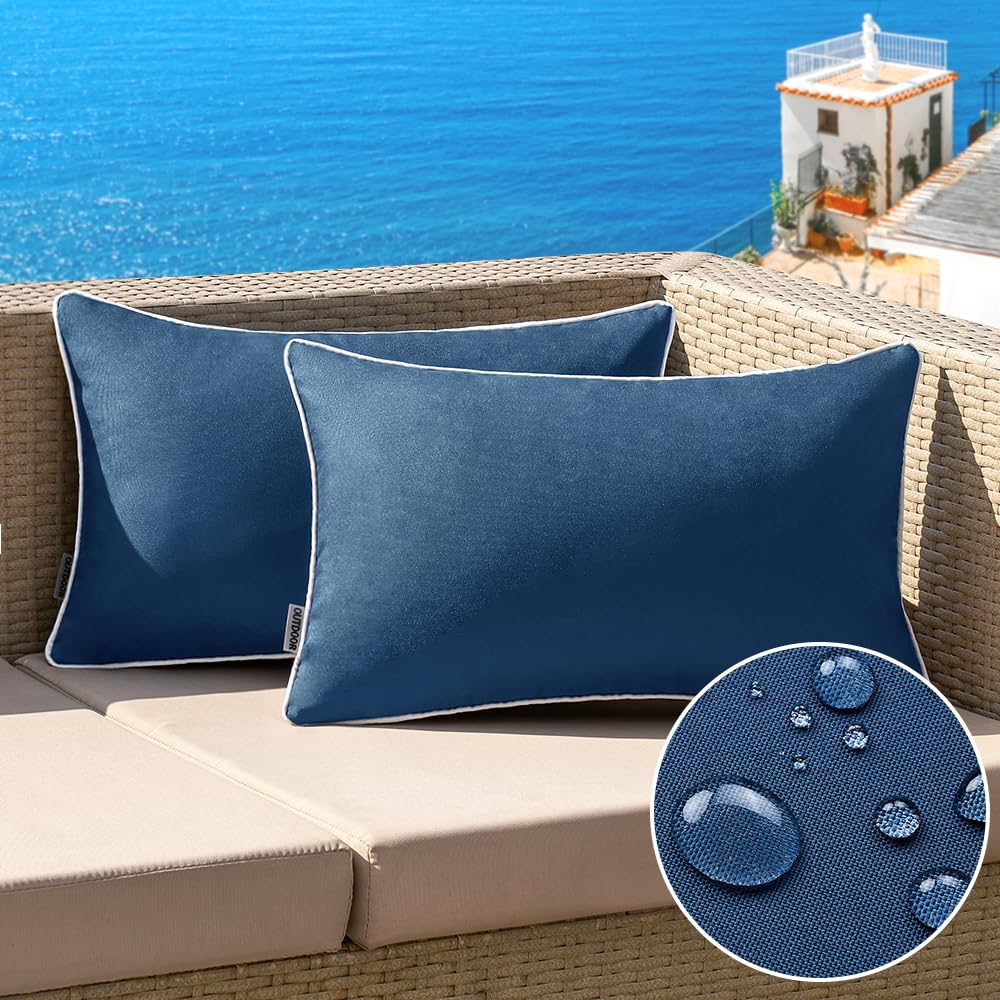 MIULEE Navy Blue Outdoor Pillow Cover 12x20 for patio seating and weather-resistant decor.