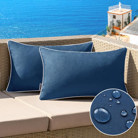 MIULEE Navy Blue Outdoor Pillow Cover 12x20 for patio seating and weather-resistant decor.