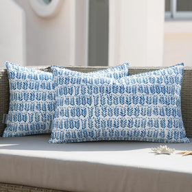 MIULEE outdoor lumbar pillow in royal blue on a patio sofa for comfortable seating.