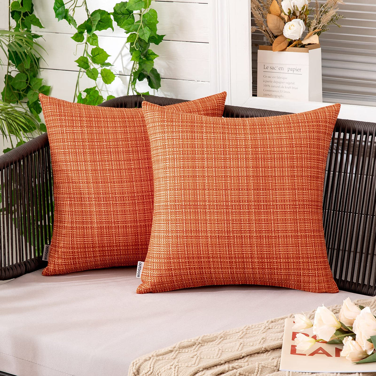 MIULEE orange outdoor waterproof pillow cover, 18x18, ideal for patio use.