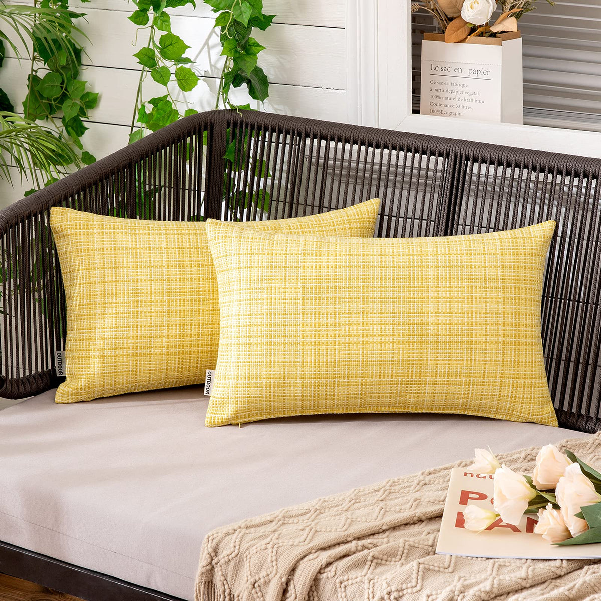 MIULEE outdoor waterproof pillow cover in yellow; protects inserts from moisture on patios.