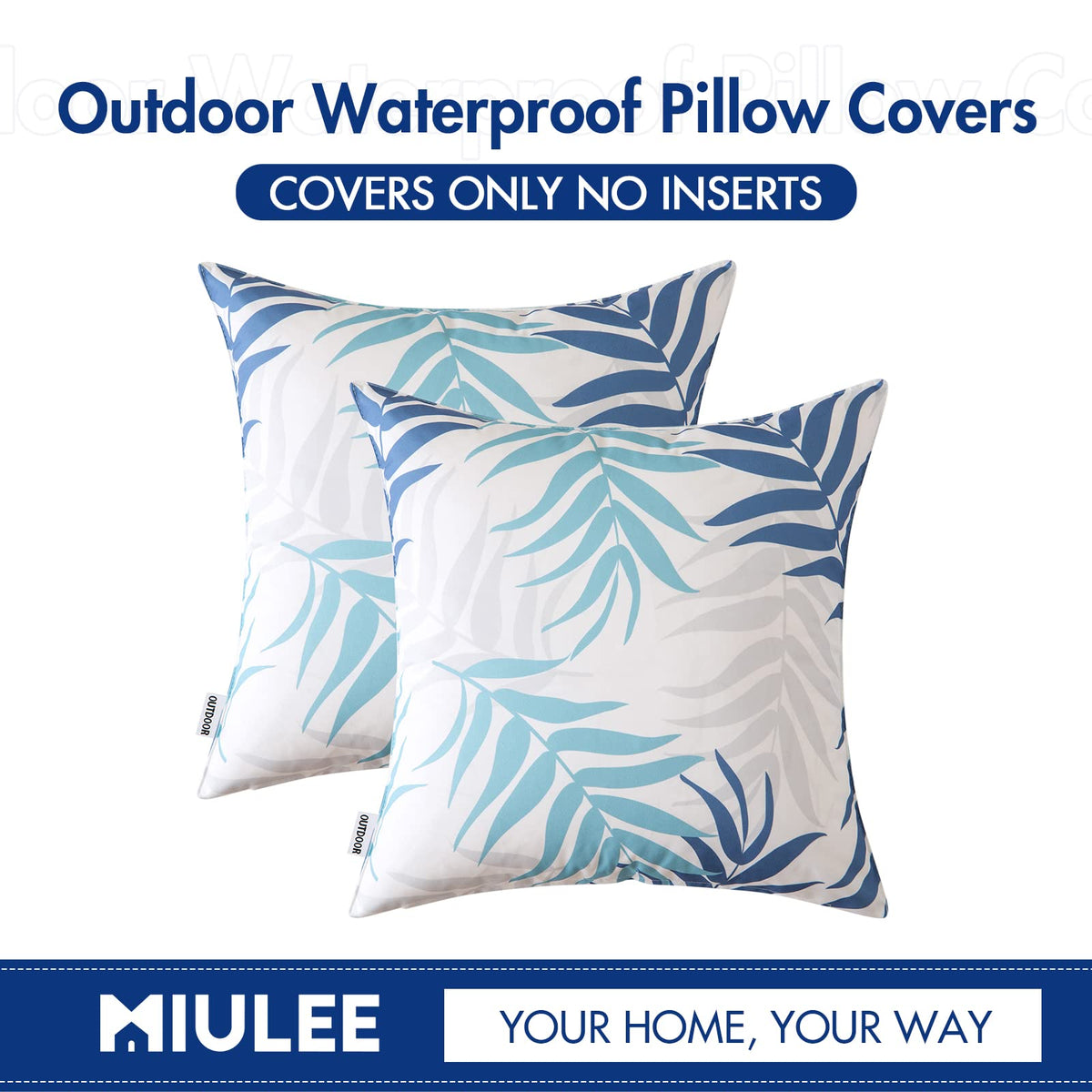 MIULEE square throw pillow cover blue leaves; fits garden furniture and couches.