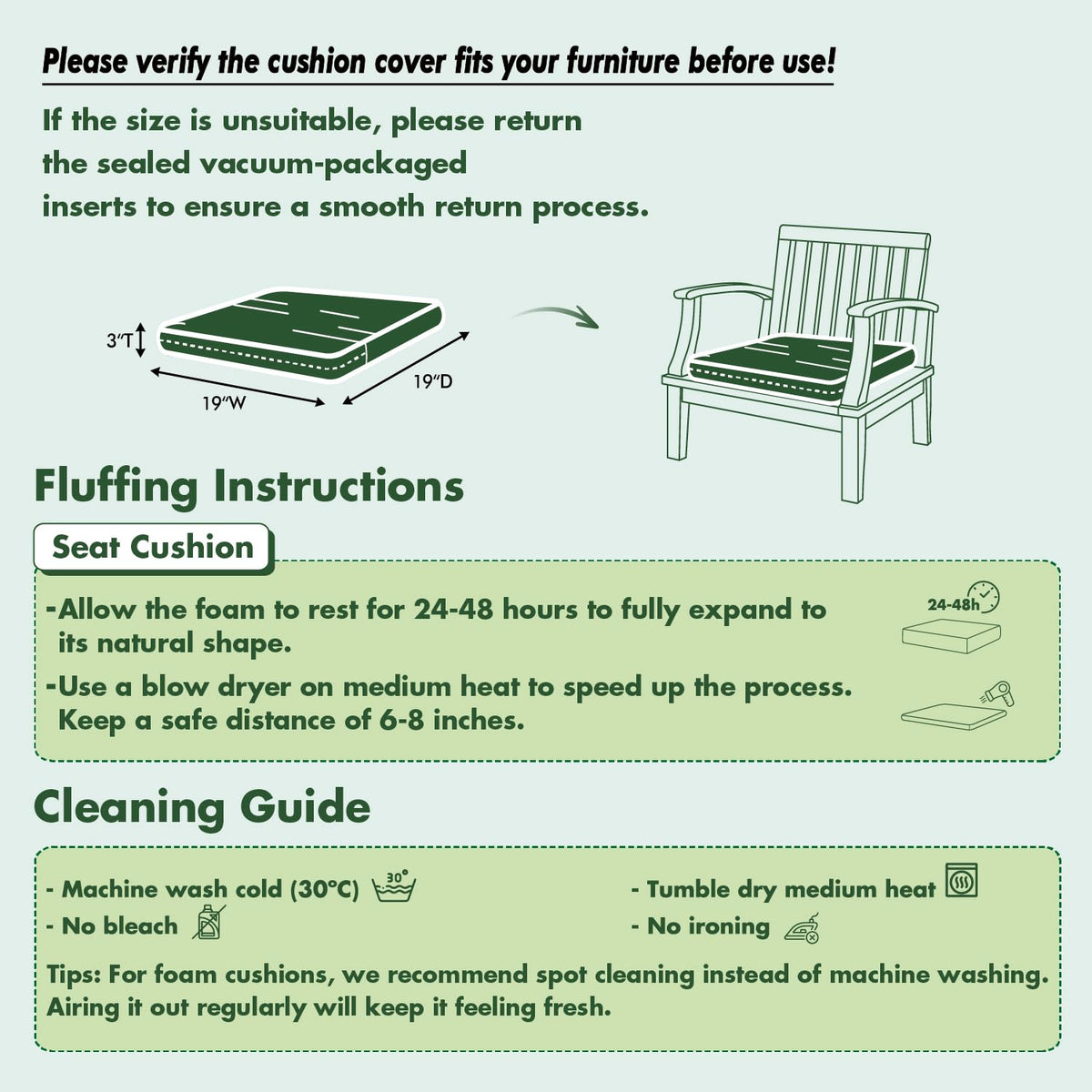 MIULEE cushion measurements 19 by 19 inches for proper fit
