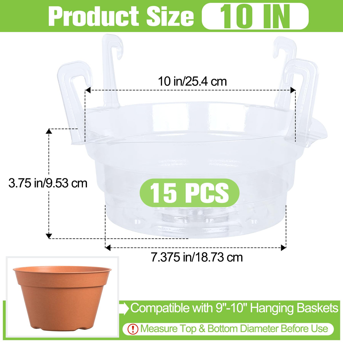 Miuwauer clear snap-on drip pan for 10-inch hanging baskets; easy setup.