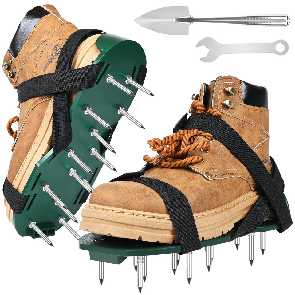 Miuwauer lawn aerator shoes, green-black side view with secure Velcro straps for stability