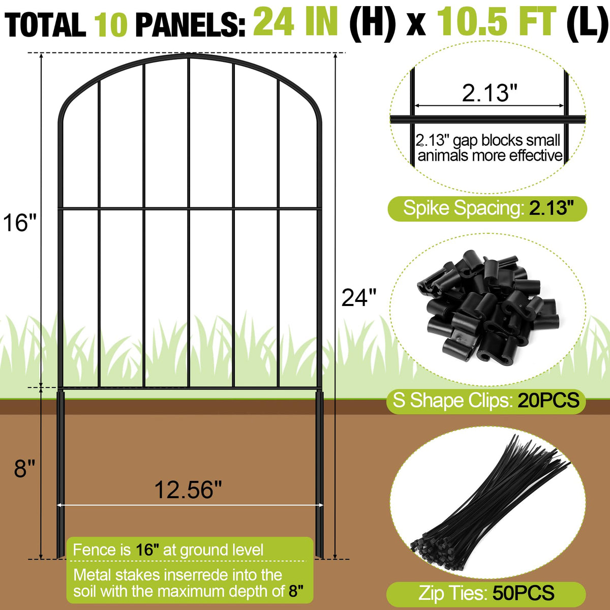 Miuwauer no-dig metal fence shown with S-clips and zip ties for quick setup.