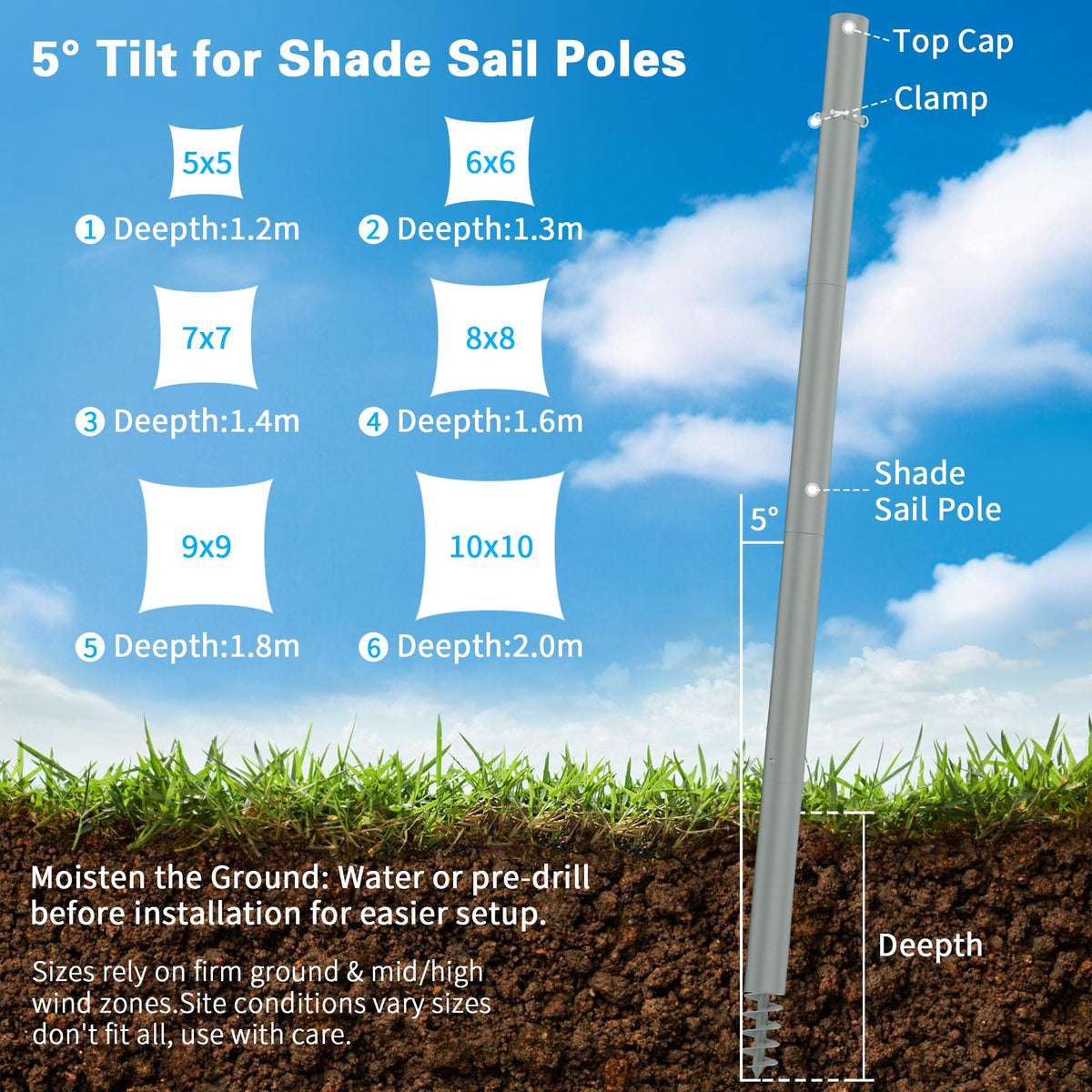 Miveda shade sail poles installed on grass for backyard shade solutions.
